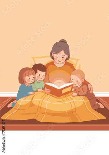 Vector illustration of a grandmother reading a story to kids under a cozy blanket. Family storytelling and intergenerational bonding concept. Copy space for text