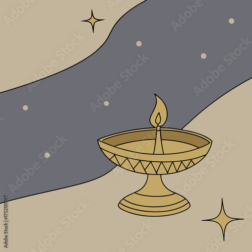 Elegant golden Diya lamp radiating warmth and light for Diwali celebrations on a starry night, perfect for festive greetings and cultural designs