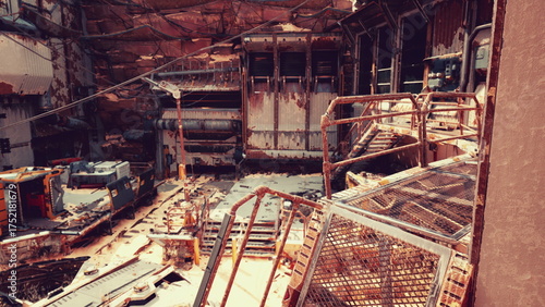 Rusting machinery and crumbling structures fill the abandoned factory. The fading light casts shadows across the concrete floor, capturing a haunting yet intriguing atmosphere of neglect.