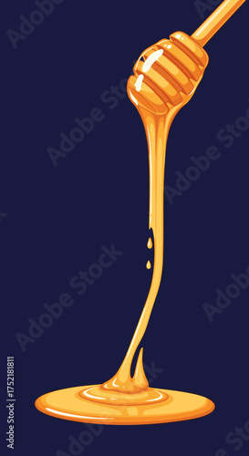 Viscous golden honey dripping from a wooden dipper stick.