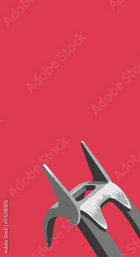 Closeup of a Climbing Crampon on a Red Background.