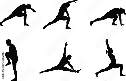 Yoga silhouette collection, stretching poses illustration, fitness exercise concept, wellness activity design, black figures isolated, flexibility movement, healthy lifestyle icon
