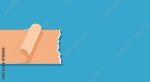 Torn Adhesive Tape Piece Unrolling on Blue Background.