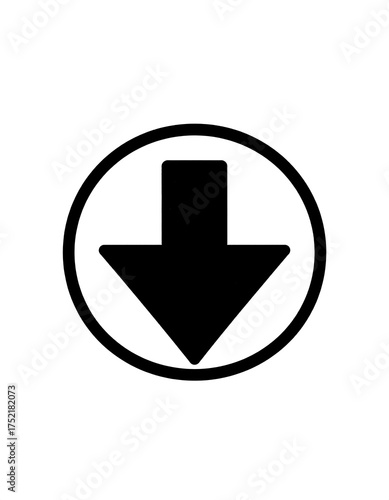 A bold, black arrow pointing downward inside a circular frame, set against a white background