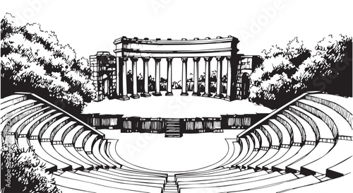 An ancient outdoor amphitheater with tiered seating and a grand classical facade isolated on transparent background