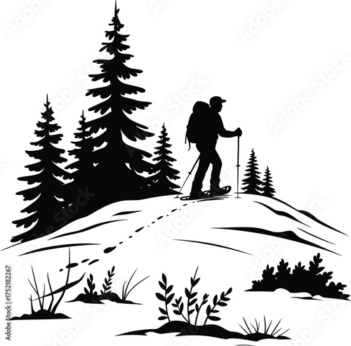 Black silhouette of person snowshoeing through deep snow in winter landscape with falling snowflakes