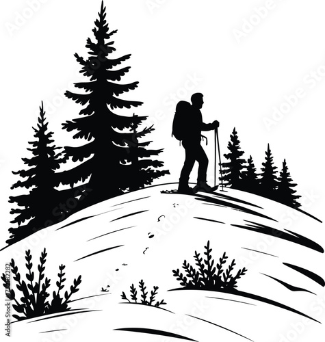 Black silhouette of person snowshoeing through deep snow in winter landscape with falling snowflakes