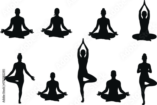 Yoga silhouettes collection, group meditation poses, male and female yoga positions, tree pose, lotus pose, spiritual wellness, mindfulness, balance