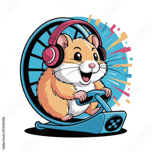 Hamster on exercise wheel, gaming headset and controller, colorful motion bursts, energetic streaming character, fun playful vector design