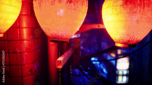 Lanterns hang low in a bustling alley, casting warm light amid a backdrop of deep blues and lively urban scenery. The atmosphere is alive with excitement and creativity.