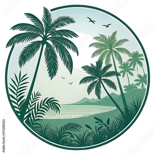 Summer Background Flat lay of green coconut palm leaves over sand,
