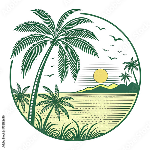 Summer Background Flat lay of green coconut palm leaves over sand,