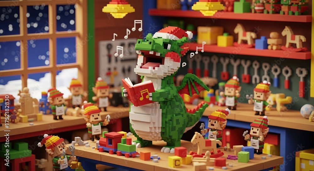 Fototapeta premium A pixelated green dragon wearing a santa hat sings a christmas carol