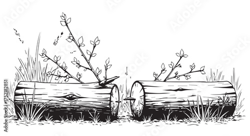 Two hollowed logs with new green shoots emerging from the top, set in a natural grassy environment isolated on transparent background