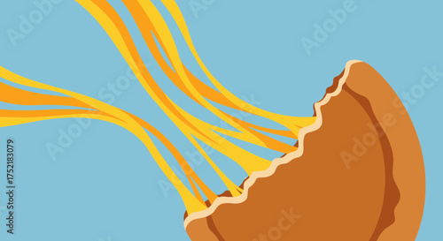 A delicious pizza with a long and stretchy cheese pull illustration.