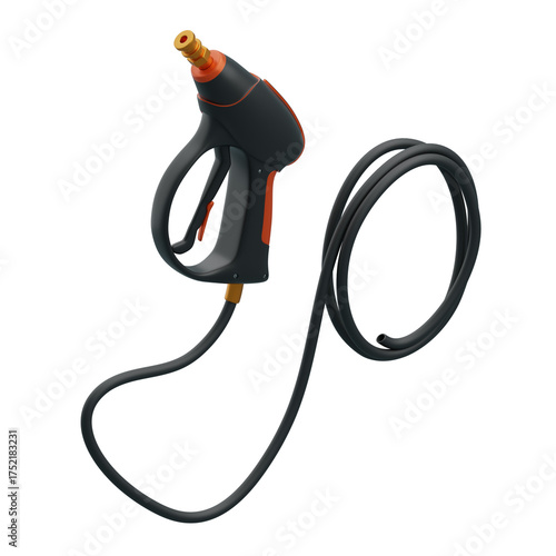 Black and Orange High Pressure Washer Trigger Gun with Black Hose on Transparent Background