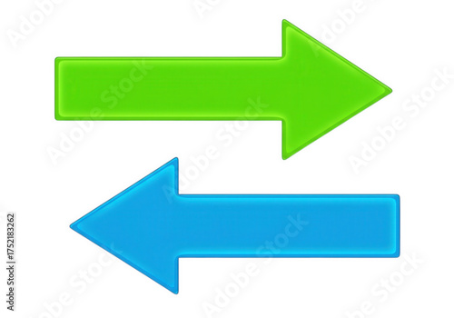 A green arrow points to the right, while a blue arrow points to the left, symbolizing opposing directions, choices, or a back-and-forth movement or exchange.