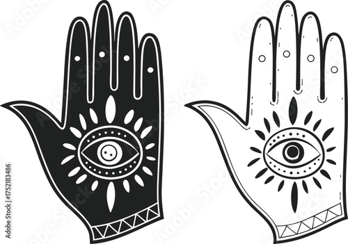 Black and white hamsa hand with eye symbol evil eye