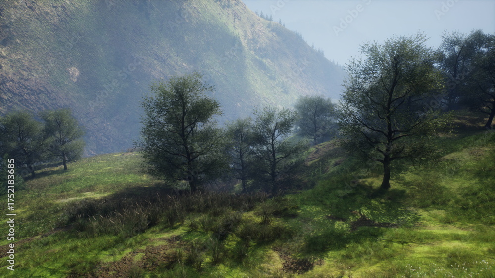 Obraz premium Sunlight gently illuminates a serene landscape filled with green trees and soft hills, creating a peaceful atmosphere. The stillness of the scene invites calm and reflection.