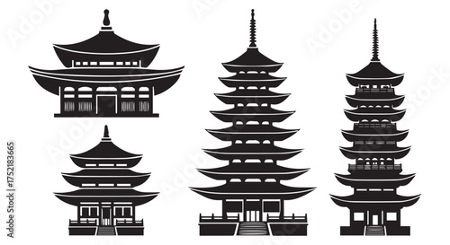 Collection of traditional japanese pagoda and temple architecture silhouettes isolated on transparent background