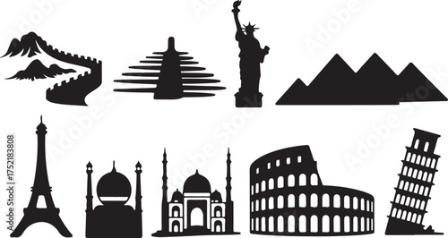World famous landmarks silhouette collection Travel icons set global destinations