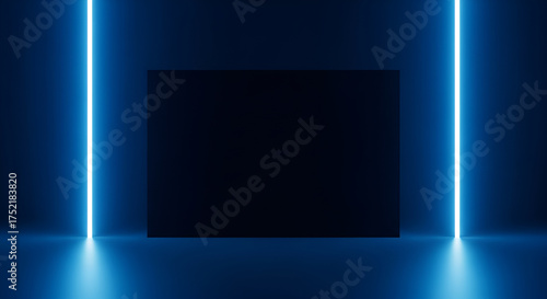 Neon light box background for product display and presentation in dark blue futuristic room with space