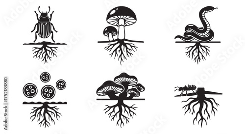 Insects, fungi, and roots icons isolated on transparent background