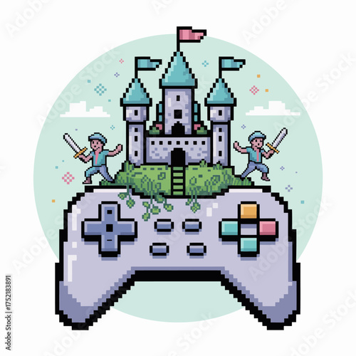 Fortress castle perched on gamepad platform, flags waving, cooperative knights, whimsical quest theme, charming gamer artwork vector