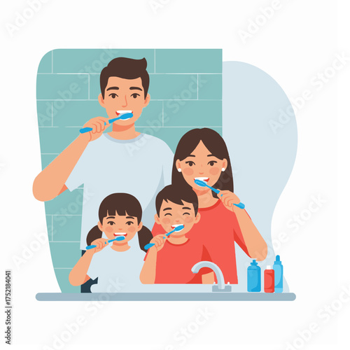 Happy family brushing teeth together in the bathroom, promoting dental hygiene and healthy smiles