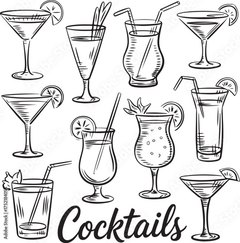 Variety of Hand Drawn Cocktail Glasses With Different Garnishes