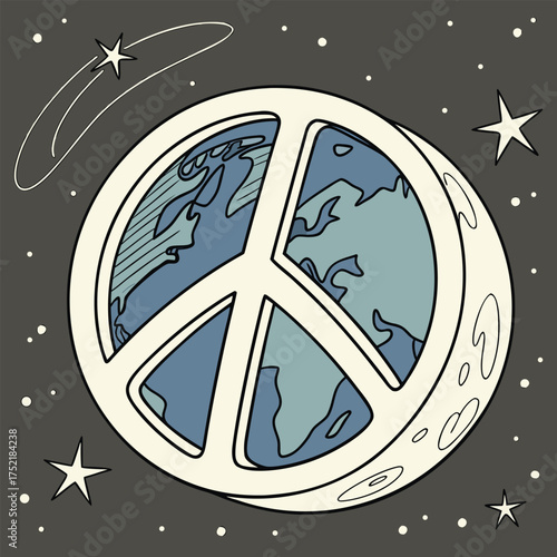 Peace symbol with Earth and moon in starry sky planet