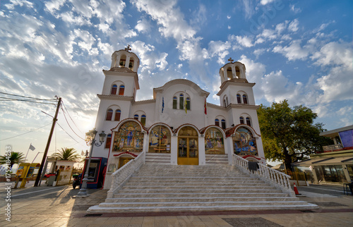 Paralia, Katerini, Greece 14.08.2025: Famous greek orthodox Church Agia Paraskevi on the shore of Aegean Sea.