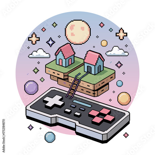 Floating houses on retro controller, dreamlike moonlit circle, soft gradient colors, charming game world illustration, vector