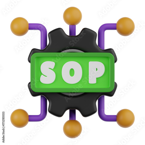 Standard Operating Procedure SOP graphic with gear icon and nodes on transparent background 3d render