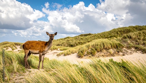 Fototapeta Naklejka Na Ścianę i Meble -  A lone female deer stands proudly in a coastal landscape with sandy dunes and tall, waving grasses under a partly cloudy sky