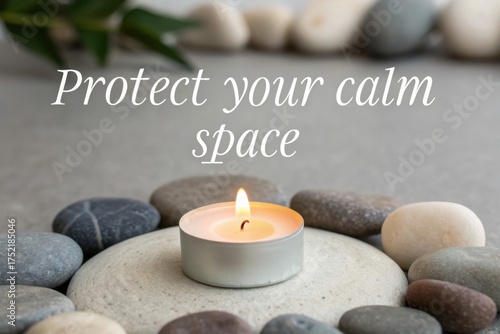 Burning candle surrounded by pebbles in a flat zen arrangement