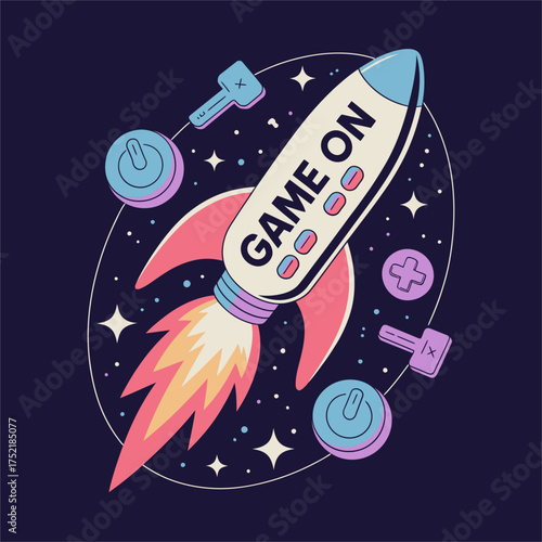 Game on rocket, retro badge style, controllers orbiting, stars and planets, energetic arcade theme, fun vector artwork