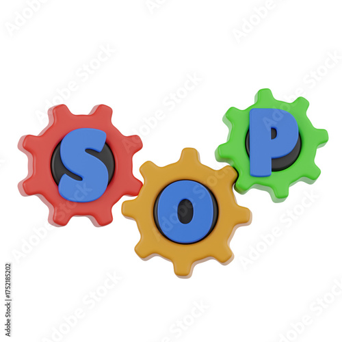 Three Colorful Interlocking Gears with Letters S O P Displayed on a Black Background Symbolizing Standard Operating Procedure Process