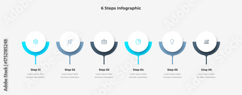 Clean six step infographic featuring circular nodes with colored progress arcs, each with an icon and caption. Ideal for illustrating a process, workflow, or training guide in presentations