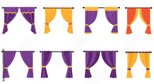 Colorful curtains in various styles and arrangements displayed on a white background