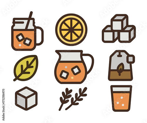 Vector Illustrative icons of iced tea elements with slices, cubes, leaves, and glasses