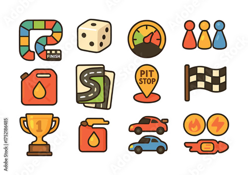 Vector Colorful racing game icons set with dice, cars, and trophy illustrations