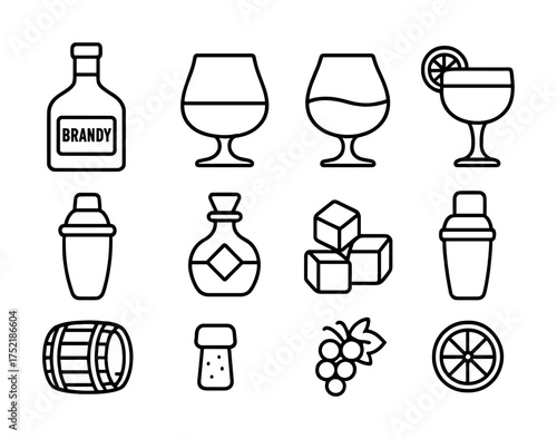 Vector Brandy and cocktail icons: glasses, shakers, grapes, ice, lemon slice, barrel