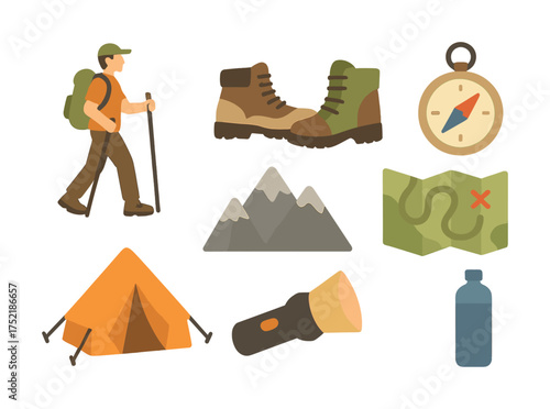 Vector Camping adventure essentials: hiker, gear, map, mountains, tent, compass, flashlight