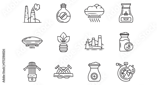 Collection of environmental and industrial icons isolated on transparent background