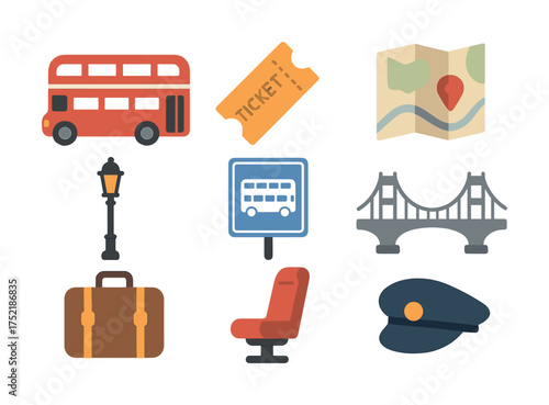Vector Transport icons: bus, ticket, map, bridge, suitcase, lamp, sign, seat, cap