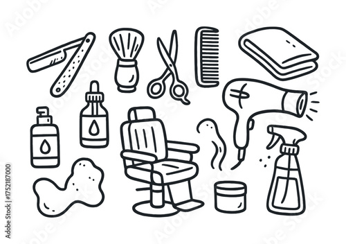 Vector Barber shop essentials: hairdryer, scissors, comb, razor, shaving brush, chair, towel, spray bottle