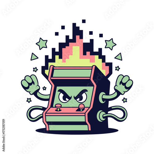 Pixel fire arcade tower, clenched fists, fierce expression, sparks and stars, retro boss character, energetic gaming vector art