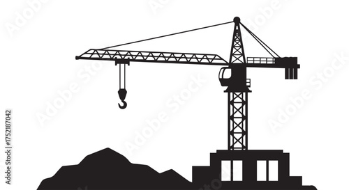 Silhouette of a construction tower crane against a transparent background