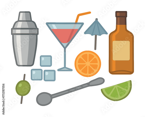 Vector Cocktail bar essentials: shaker, glass, bottle, ice, citrus, olive, umbrella, spoon